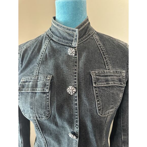 Tahari Jean Jacket S/P Embellished Sparkle Snap Close Medium Wash - Picture 4 of 16